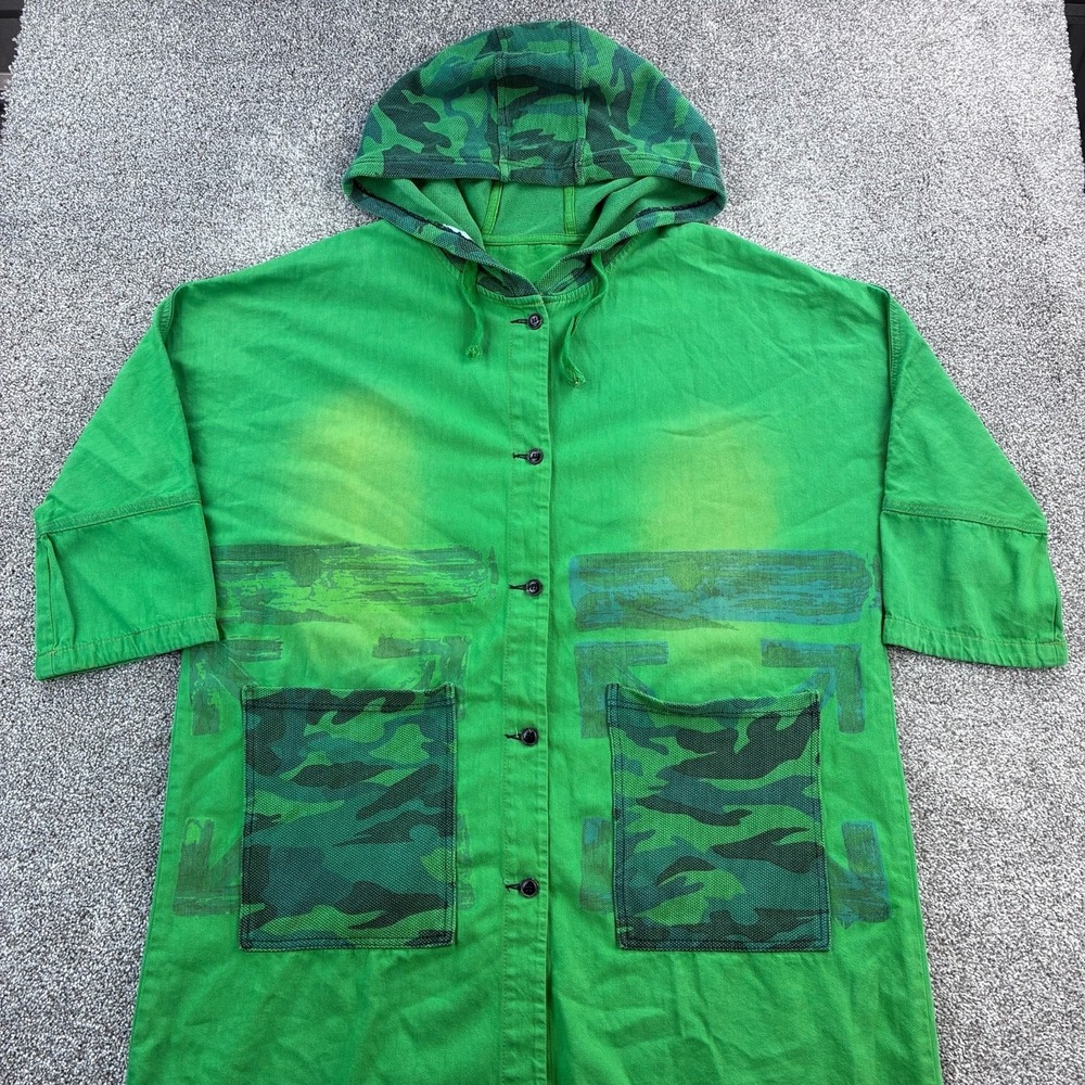 Monthorigin Canvas Jacket Women's XL Green Button Up Floral Back Off White Style